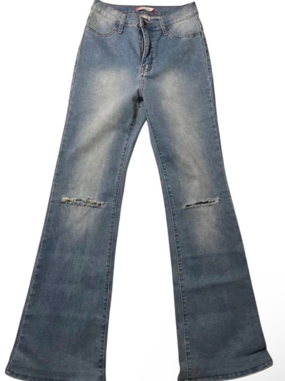 High-Rise Distressed Flare Jeans - Light Blue